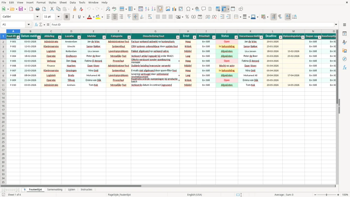 Captura de tela 1: Aba Foutenlijst - Planilha Excel foutenlijst voorbeeld excel