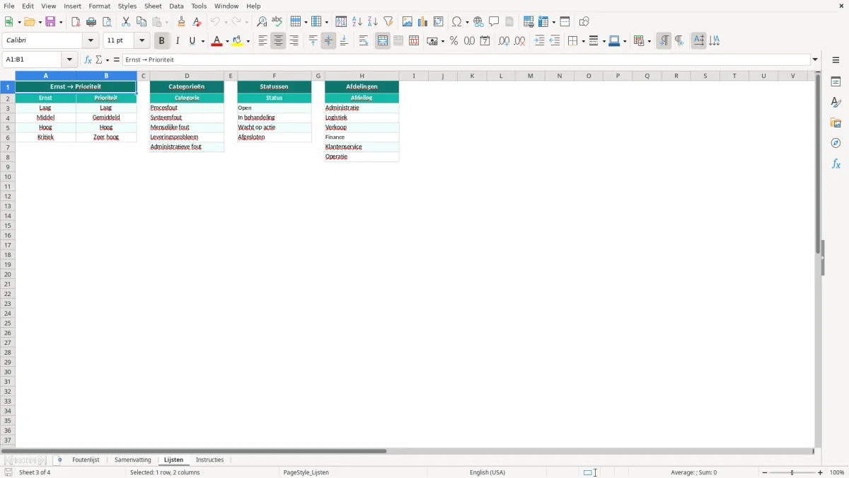 Captura de tela 3: Aba Lijsten - Planilha Excel foutenlijst voorbeeld excel