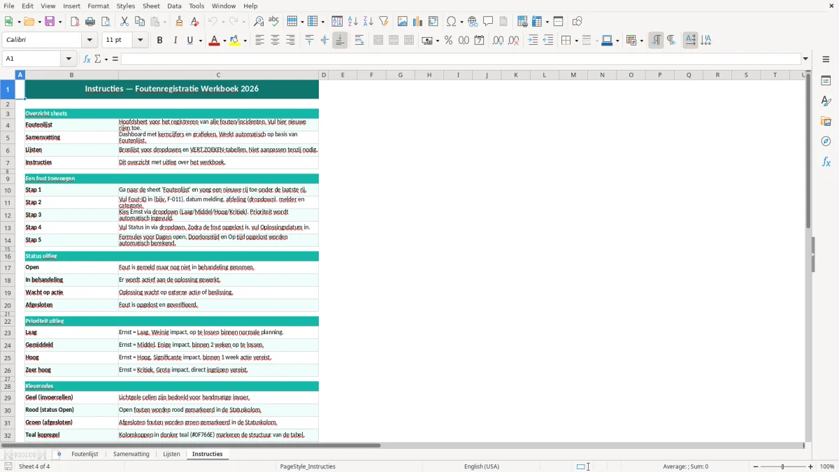 Captura de tela 4: Aba Instructies - Planilha Excel foutenlijst voorbeeld excel