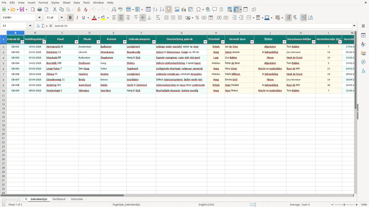 Captura de tela 1: Aba Gebrekenlijst - Planilha Excel gebrekenlijst voorbeeld excel