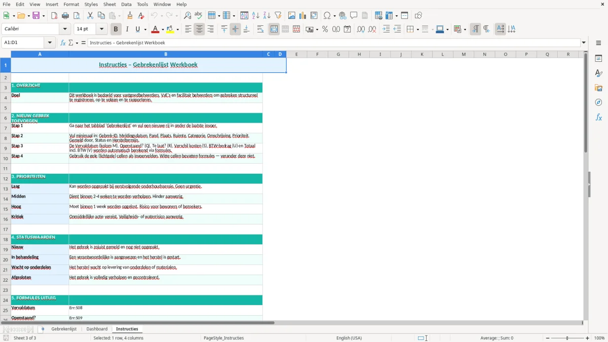 Captura de tela 3: Aba Instructies - Planilha Excel gebrekenlijst voorbeeld excel