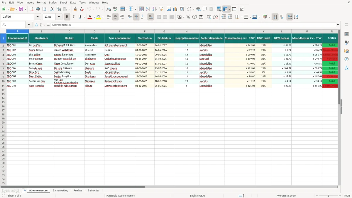 Captura de tela 1: Aba Abonnementen - Planilha Excel abonnementen overzicht voorbeeld excel