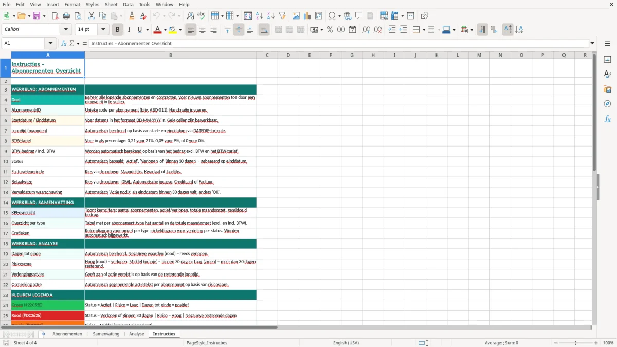 Captura de tela 4: Aba Instructies - Planilha Excel abonnementen overzicht voorbeeld excel