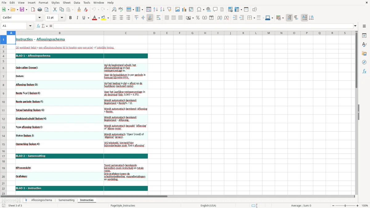 Captura de tela 3: Aba Instructies - Planilha Excel aflossingsschema voorbeeld excel