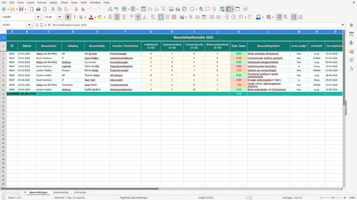 Captura de tela 1: Aba Beoordelingen - Planilha Excel beoordelingsformulier voorbeeld excel