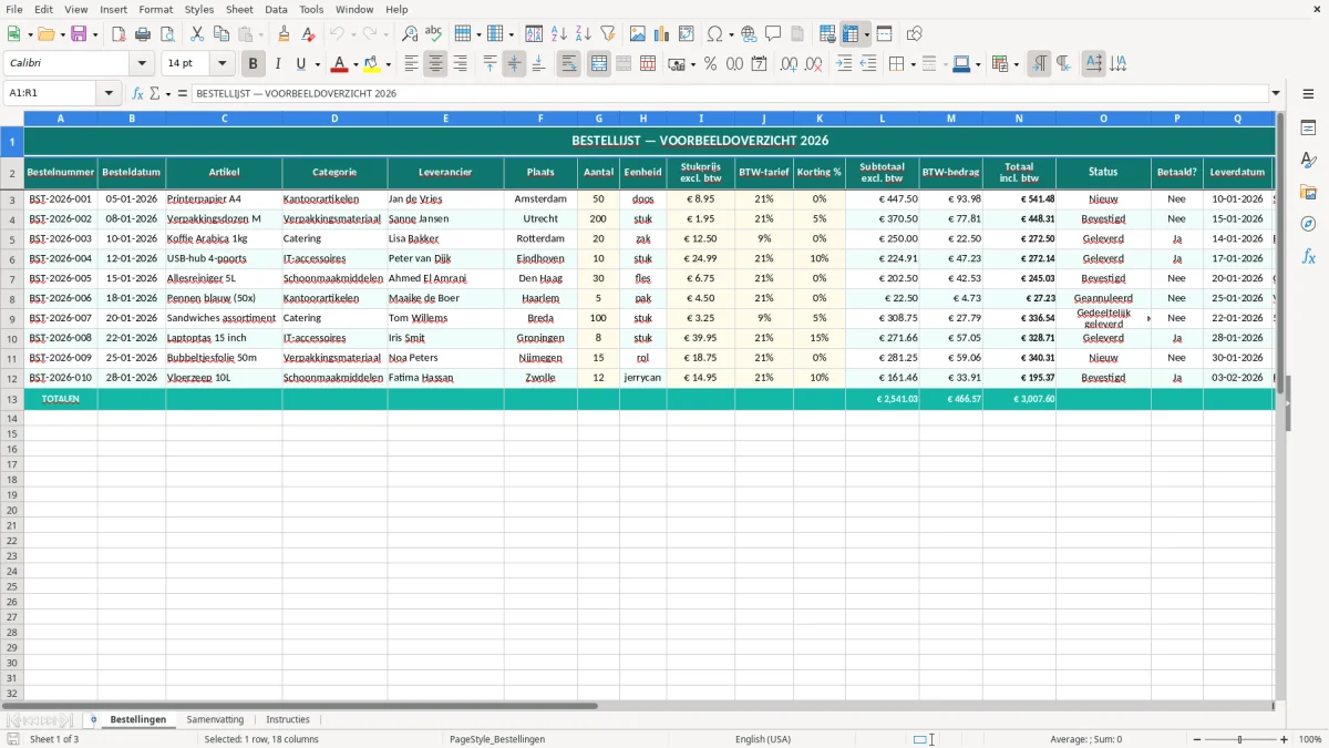 Captura de tela 1: Aba Bestellingen - Planilha Excel bestellijst voorbeeld excel