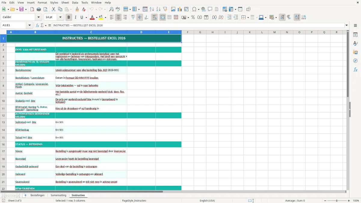 Captura de tela 3: Aba Instructies - Planilha Excel bestellijst voorbeeld excel