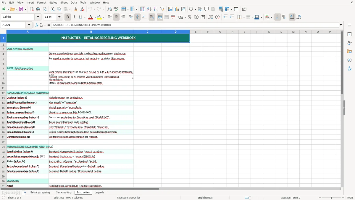 Captura de tela 3: Aba Instructies - Planilha Excel betalingsregeling voorbeeld excel
