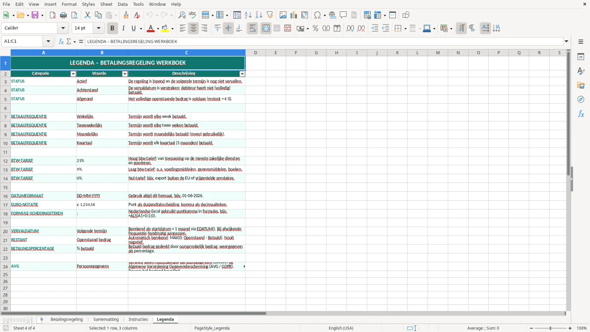 Captura de tela 4: Aba Legenda - Planilha Excel betalingsregeling voorbeeld excel