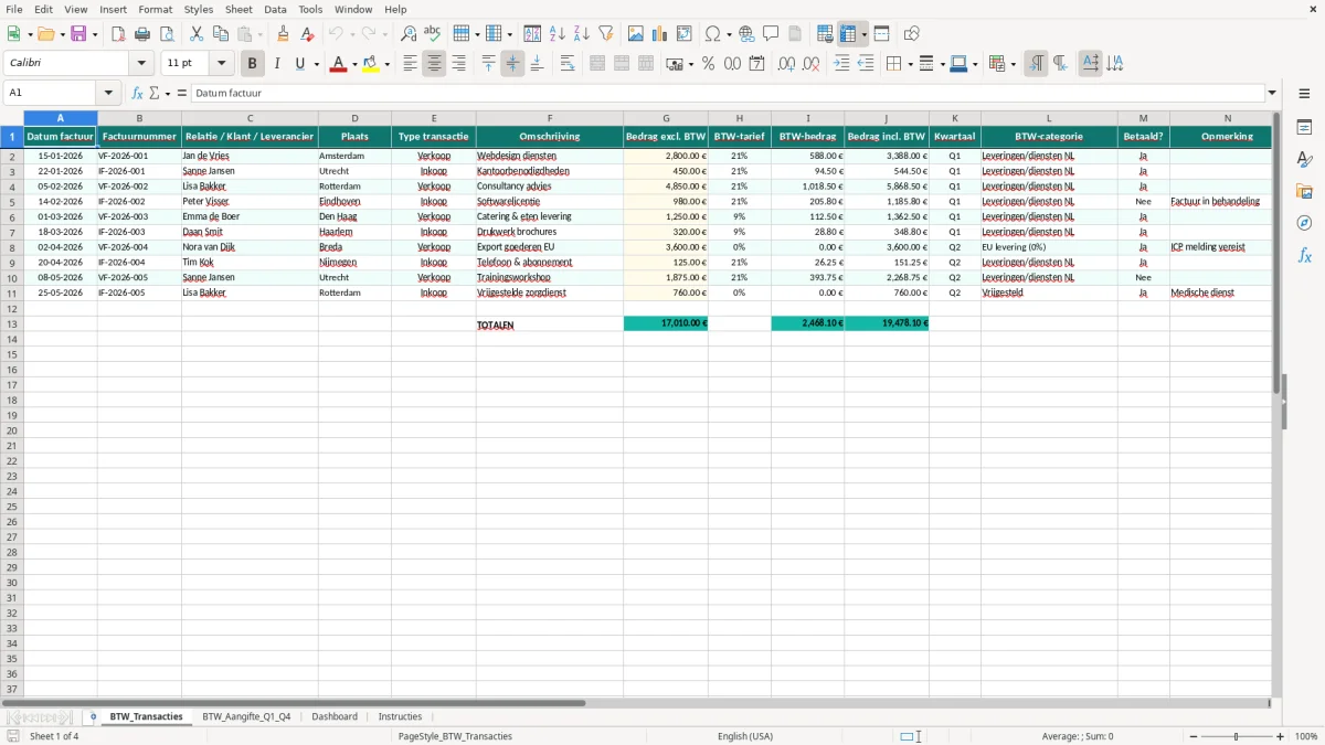 Captura de tela 1: Aba BTW_Transacties - Planilha Excel btw aangifte excel template kwartaal