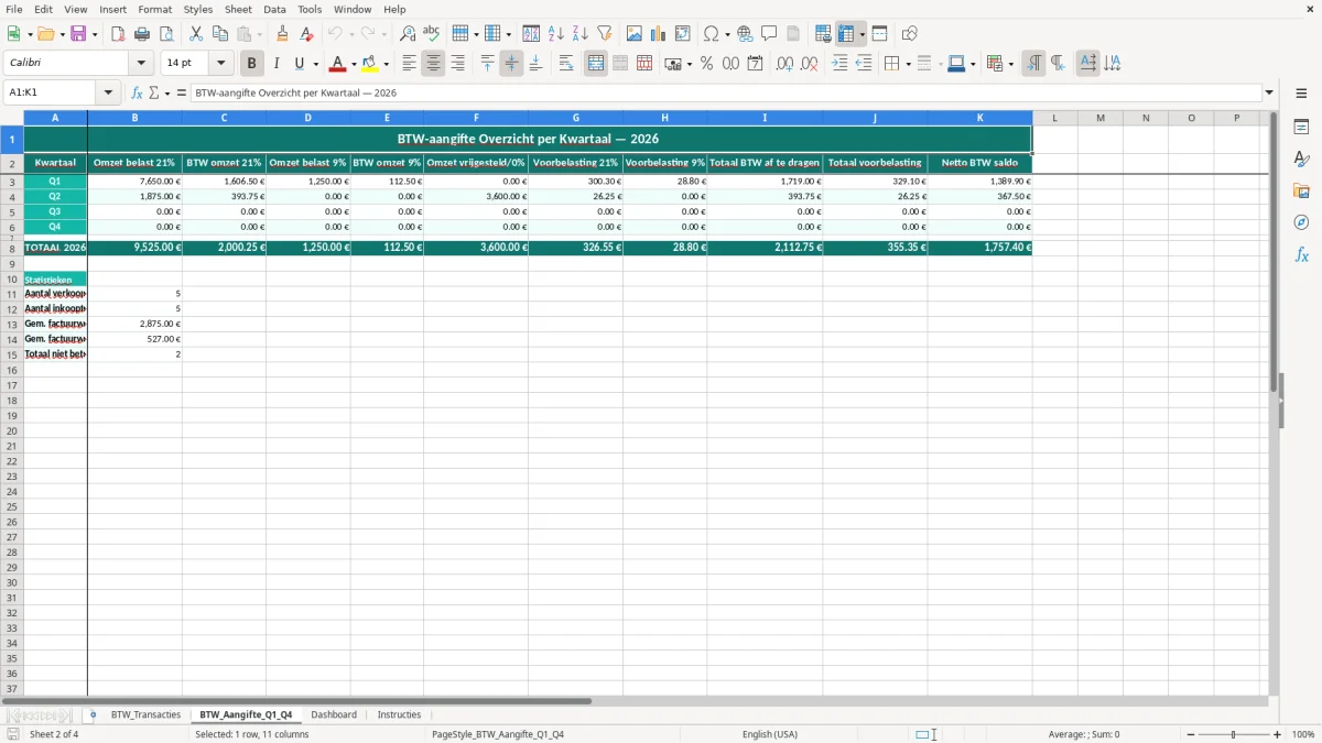 Captura de tela 2: Aba BTW_Aangifte_Q1_Q4 - Planilha Excel btw aangifte excel template kwartaal