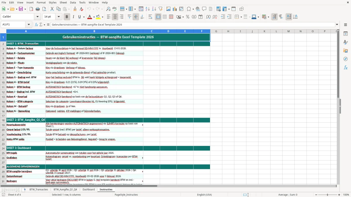 Captura de tela 4: Aba Instructies - Planilha Excel btw aangifte excel template kwartaal