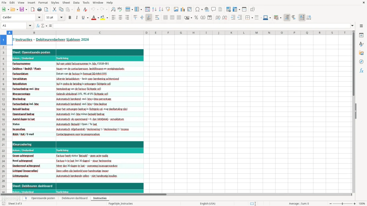 Captura de tela 3: Aba Instructies - Planilha Excel debiteurenbeheer excel sjabloon openstaande posten