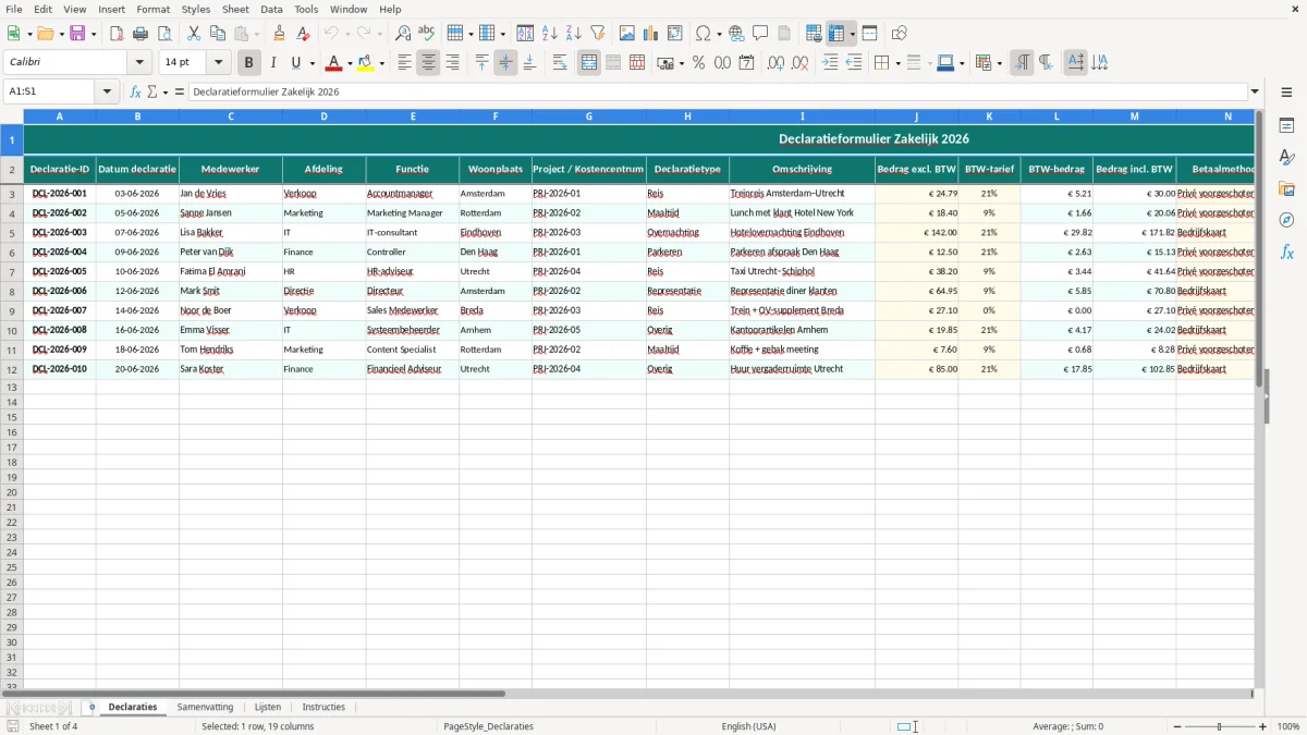 Captura de tela 1: Aba Declaraties - Planilha Excel declaratieformulier excel sjabloon zakelijk