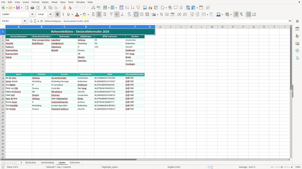 Captura de tela 3: Aba Lijsten - Planilha Excel declaratieformulier excel sjabloon zakelijk