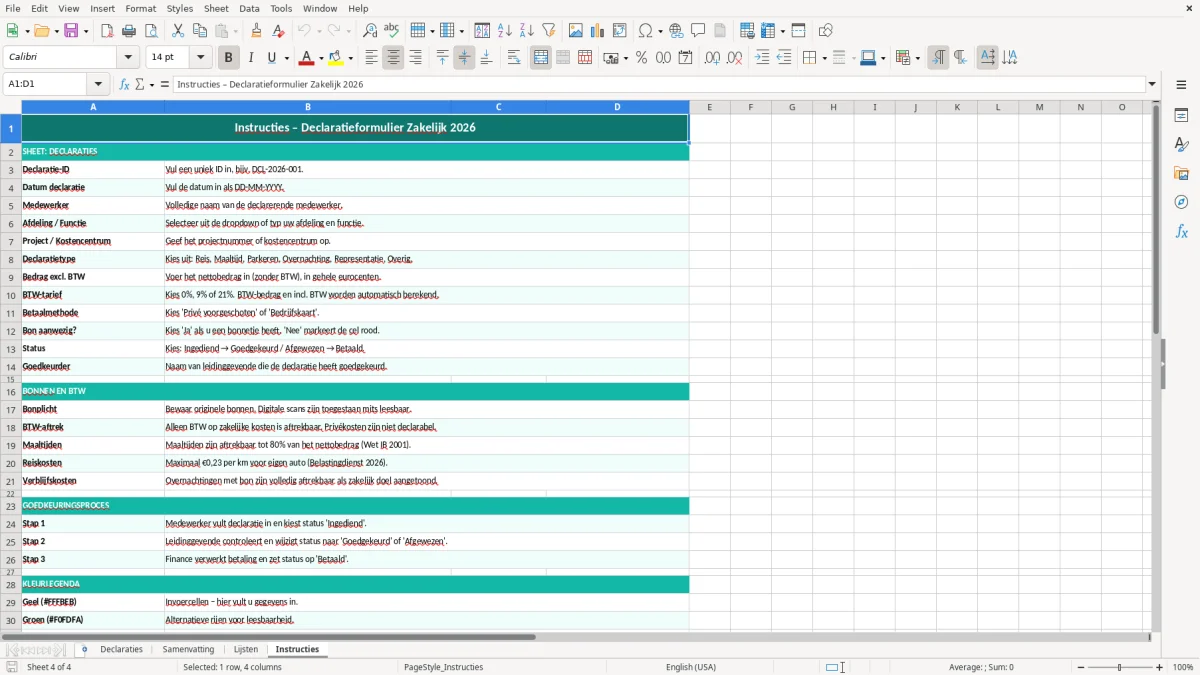 Captura de tela 4: Aba Instructies - Planilha Excel declaratieformulier excel sjabloon zakelijk