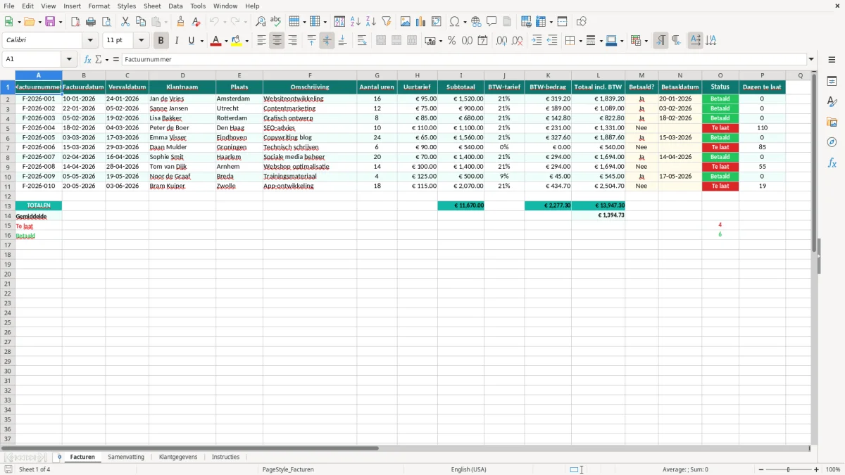 Captura de tela 1: Aba Facturen - Planilha Excel factuur excel voorbeeld zzp downloaden