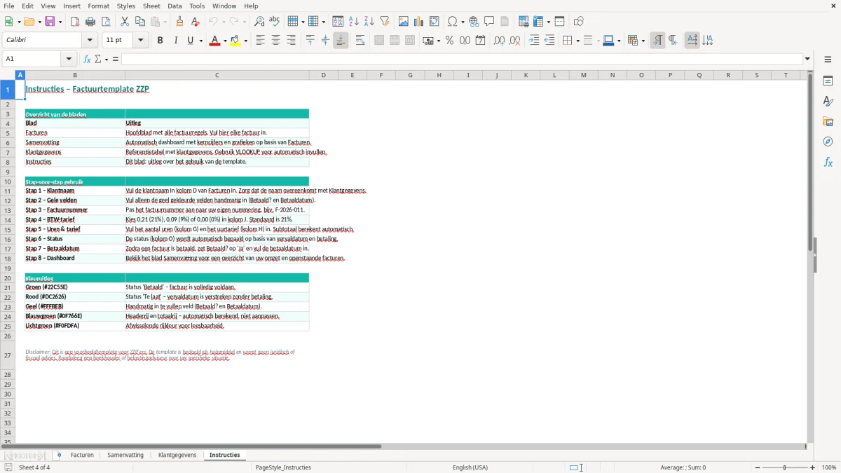 Captura de tela 4: Aba Instructies - Planilha Excel factuur excel voorbeeld zzp downloaden