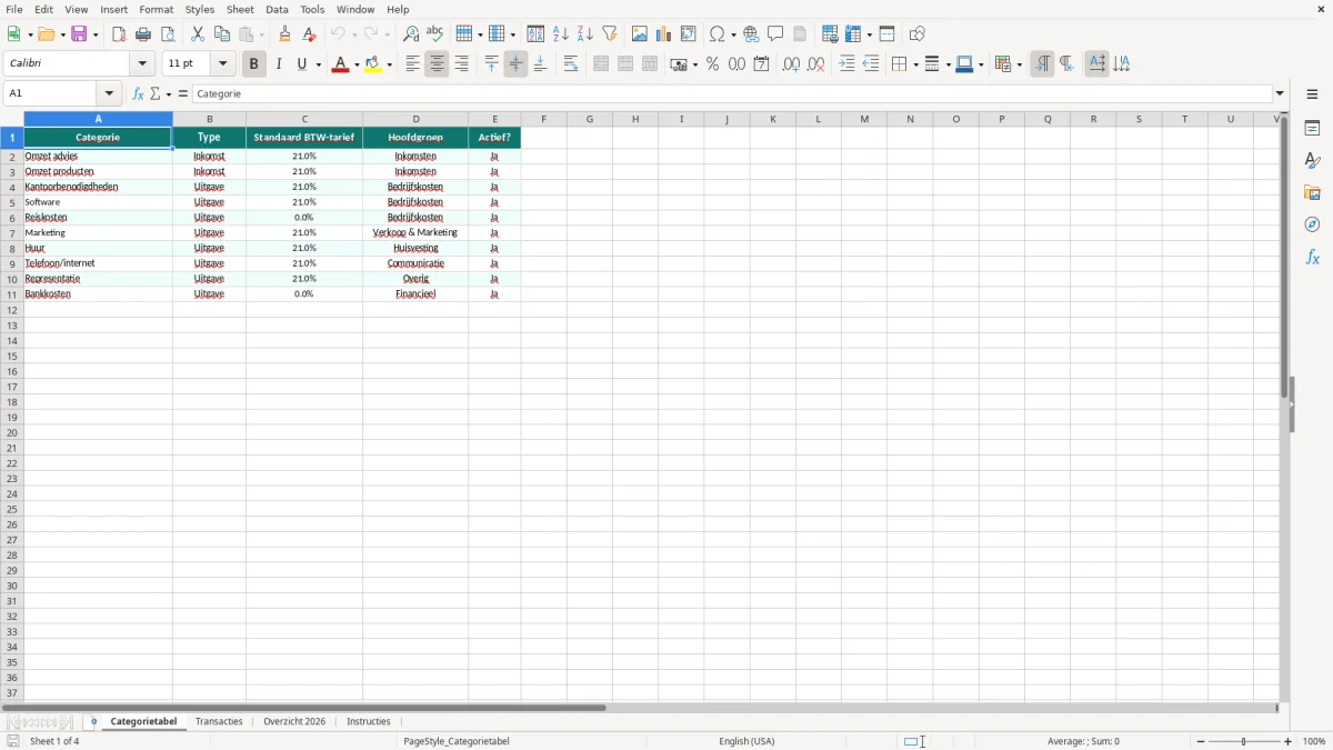 Captura de tela 1: Aba Categorietabel - Planilha Excel financieel jaaroverzicht voorbeeld excel