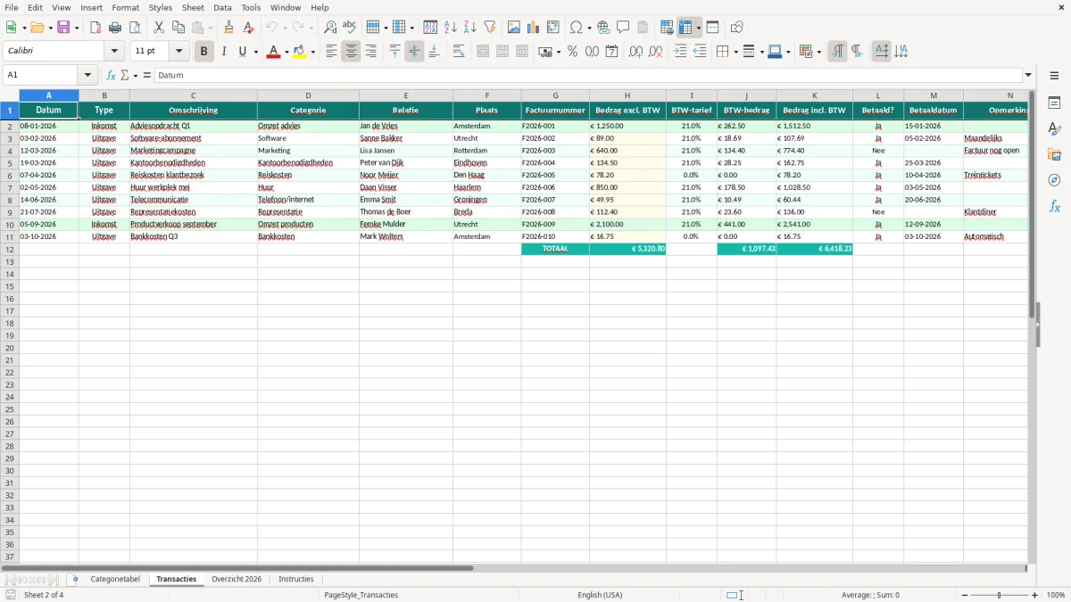 Captura de tela 2: Aba Transacties - Planilha Excel financieel jaaroverzicht voorbeeld excel