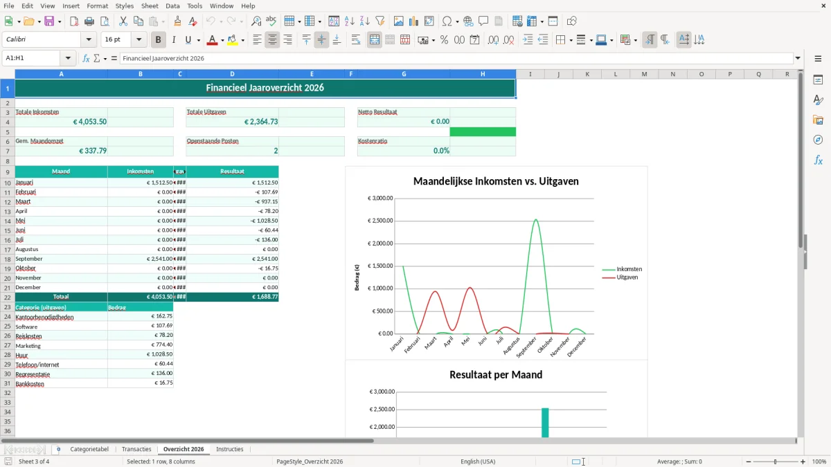 Captura de tela 3: Aba Overzicht 2026 - Planilha Excel financieel jaaroverzicht voorbeeld excel