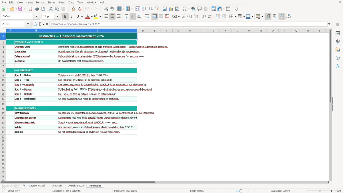 Captura de tela 4: Aba Instructies - Planilha Excel financieel jaaroverzicht voorbeeld excel