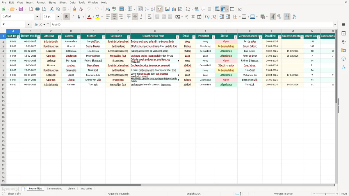 Captura de tela 1: Aba Foutenlijst - Planilha Excel foutenlijst voorbeeld excel