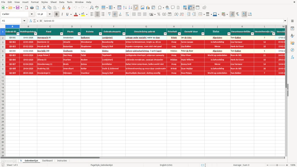 Captura de tela 1: Aba Gebrekenlijst - Planilha Excel gebrekenlijst voorbeeld excel