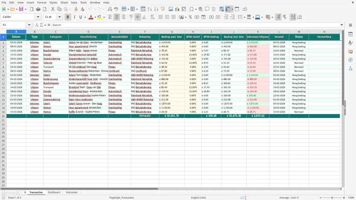 Captura de tela 1: Aba Transacties - Planilha Excel huishoudboekje voorbeeld excel