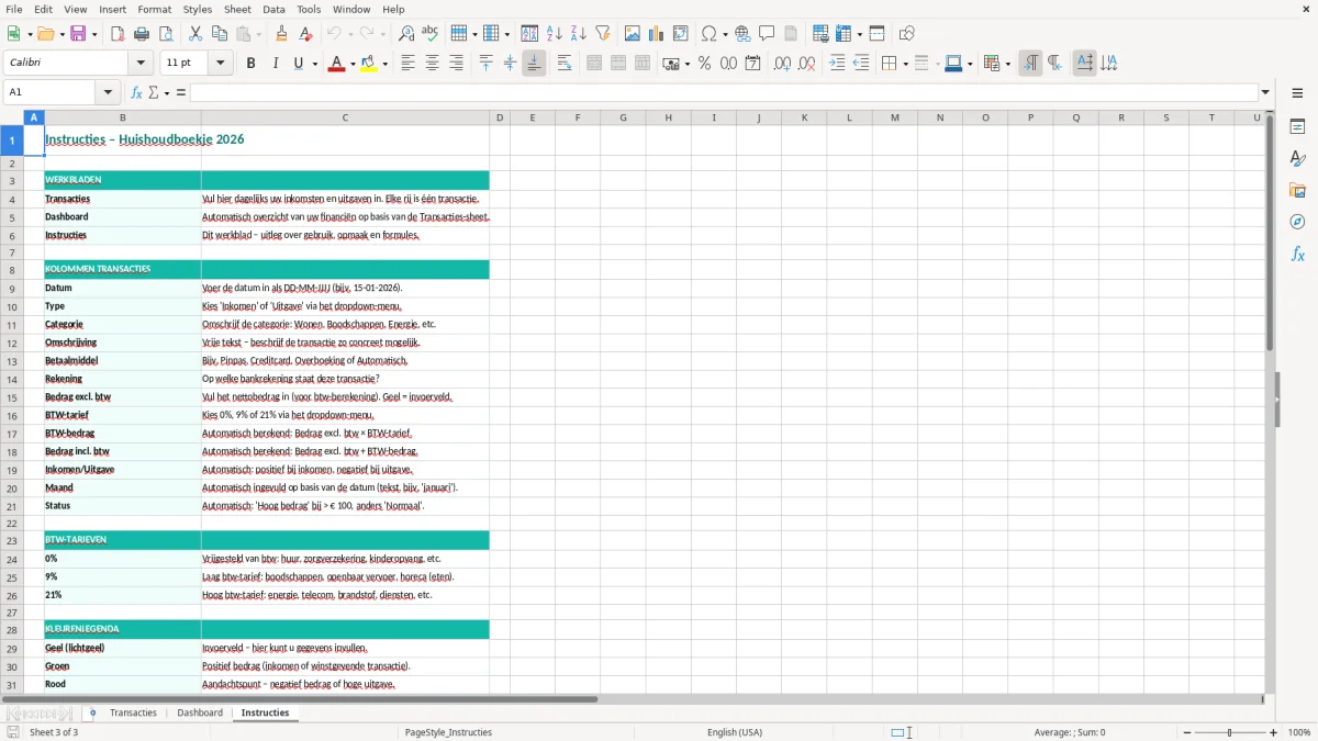 Captura de tela 3: Aba Instructies - Planilha Excel huishoudboekje voorbeeld excel