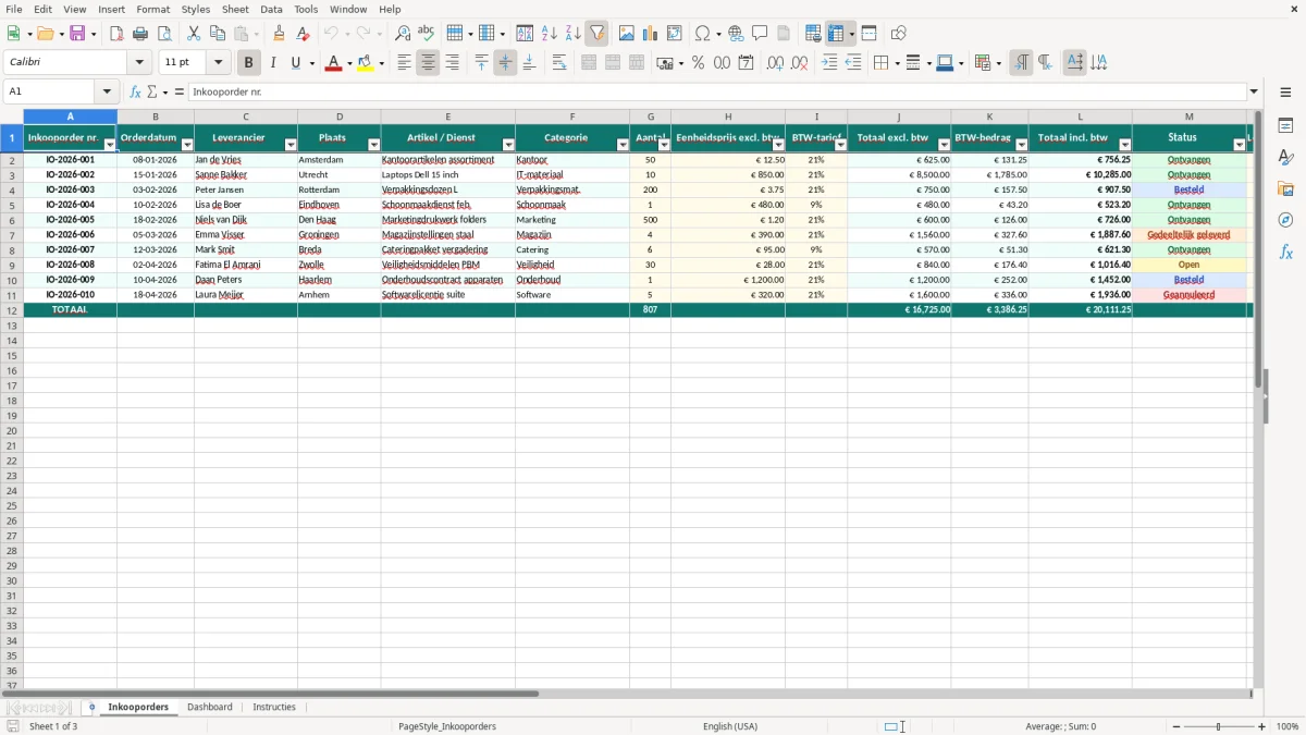 Captura de tela 1: Aba Inkooporders - Planilha Excel inkooporder excel template voorbeeld