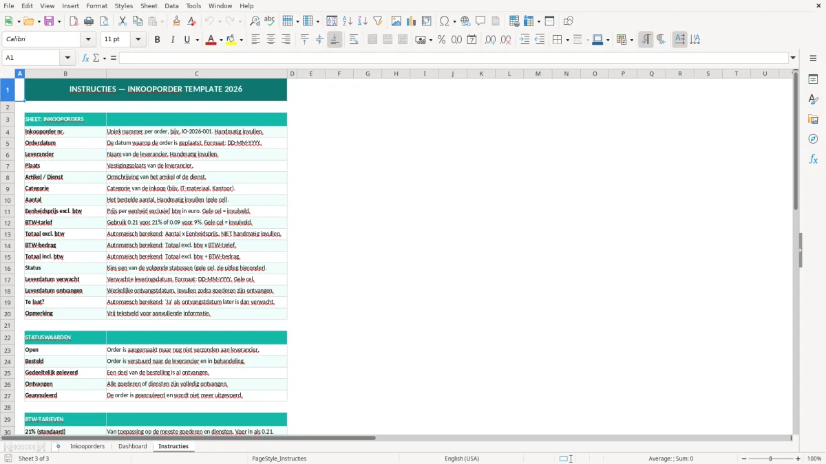 Captura de tela 3: Aba Instructies - Planilha Excel inkooporder excel template voorbeeld
