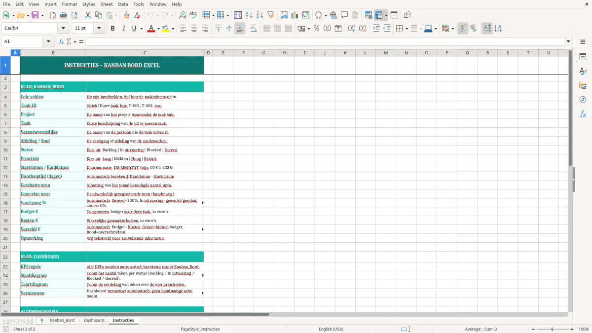 Captura de tela 3: Aba Instructies - Planilha Excel kanban bord voorbeeld excel