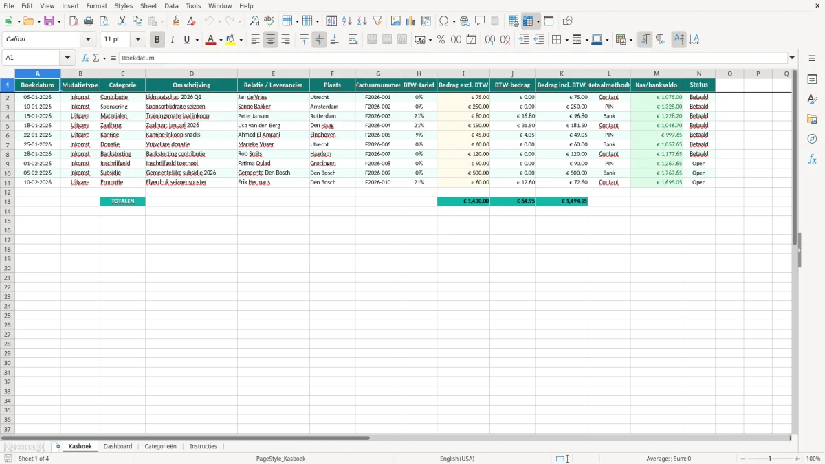 Captura de tela 1: Aba Kasboek - Planilha Excel kasboek excel voorbeeld vereniging