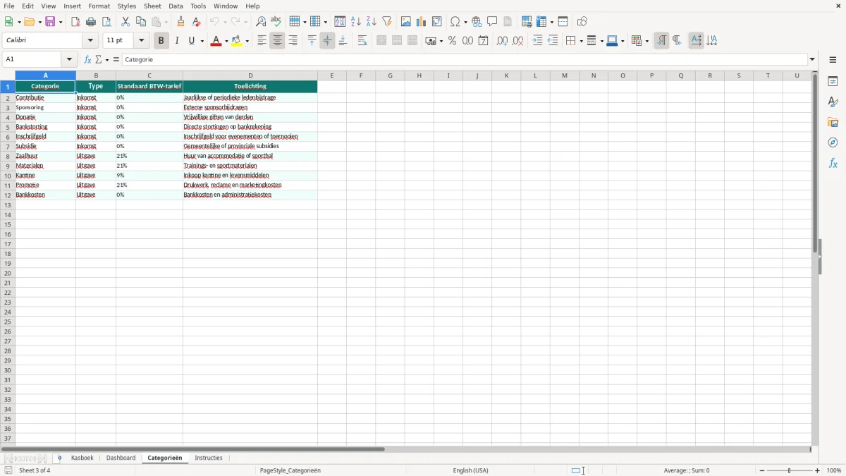 Captura de tela 3: Aba Categorieën - Planilha Excel kasboek excel voorbeeld vereniging