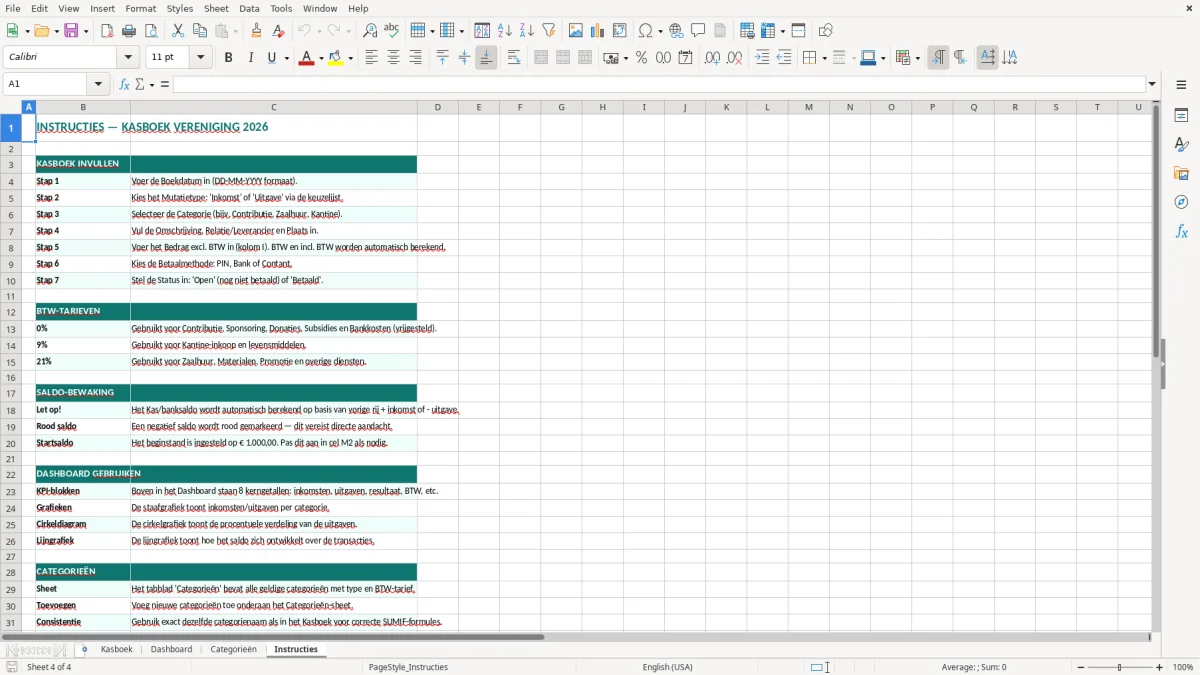 Captura de tela 4: Aba Instructies - Planilha Excel kasboek excel voorbeeld vereniging