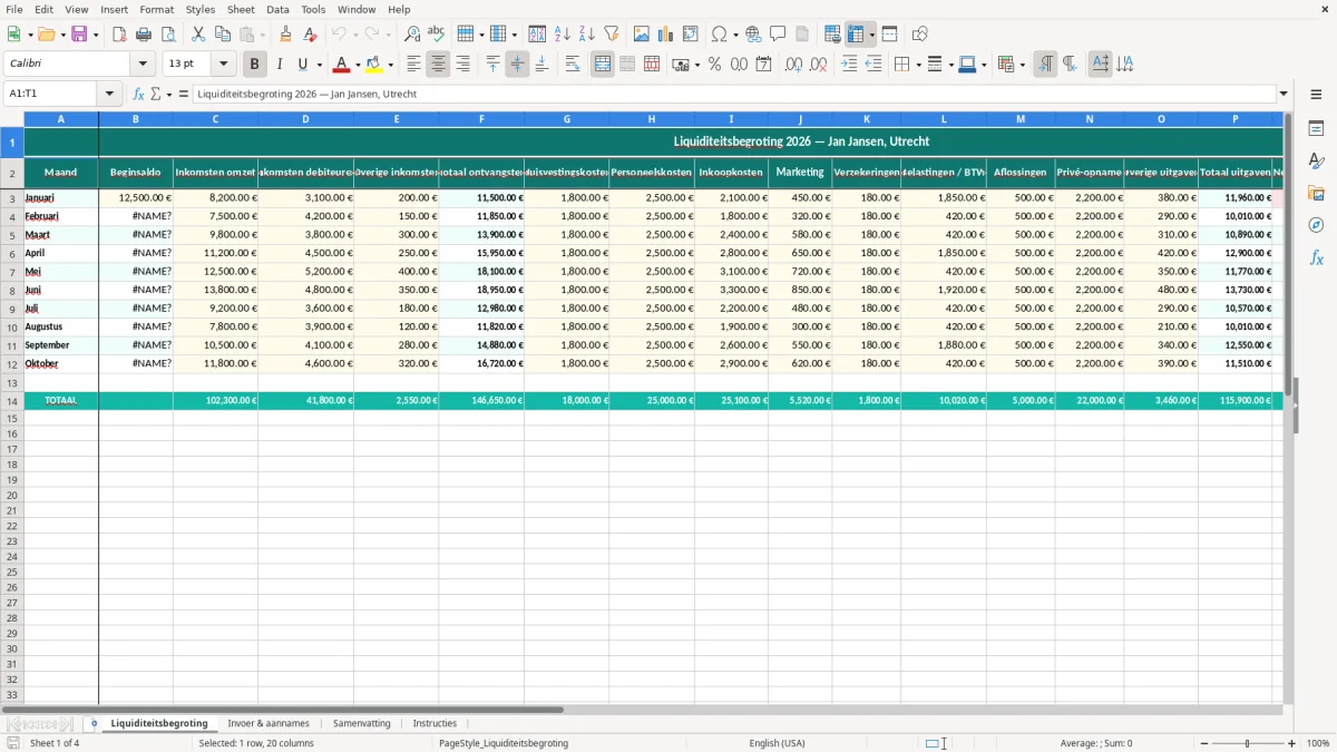 Captura de tela 1: Aba Liquiditeitsbegroting - Planilha Excel liquiditeitsbegroting excel sjabloon ondernemer