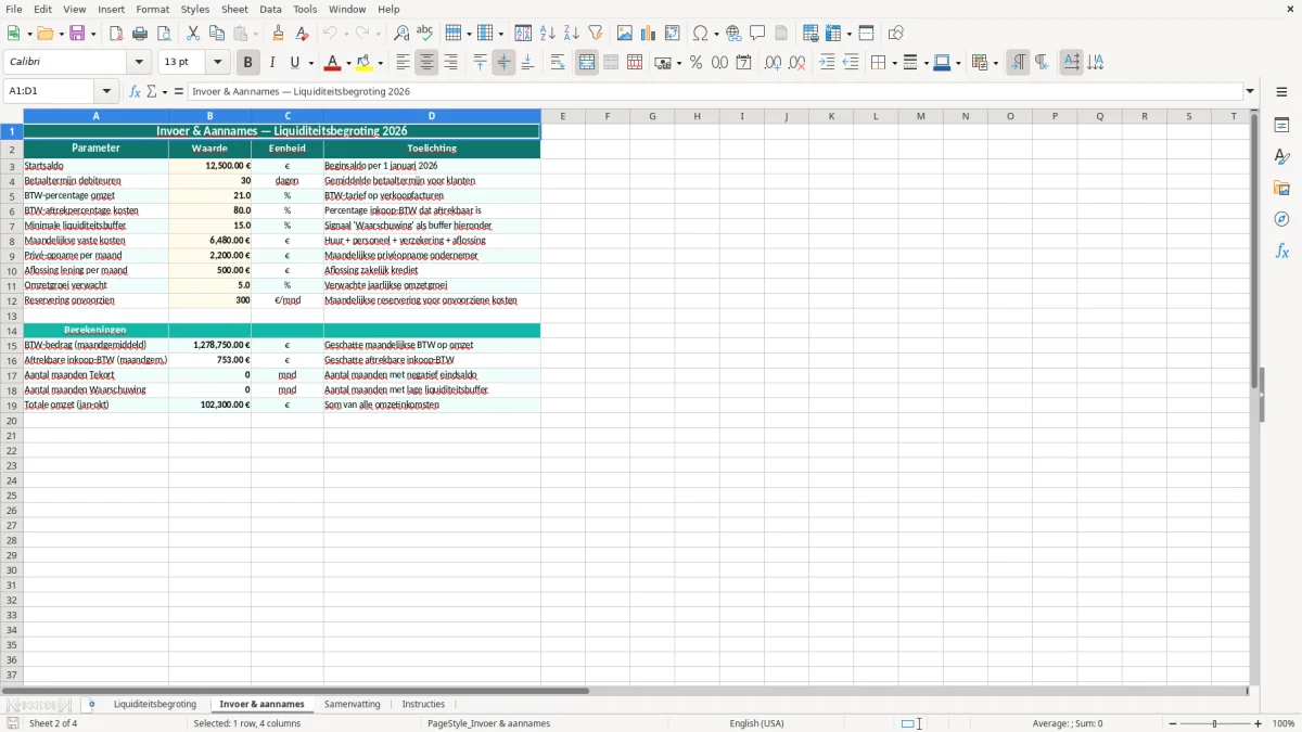 Captura de tela 2: Aba Invoer & aannames - Planilha Excel liquiditeitsbegroting excel sjabloon ondernemer