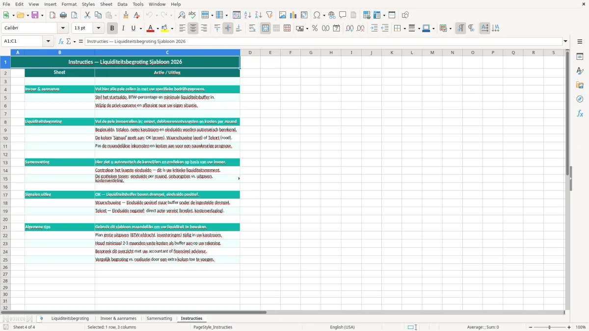 Captura de tela 4: Aba Instructies - Planilha Excel liquiditeitsbegroting excel sjabloon ondernemer