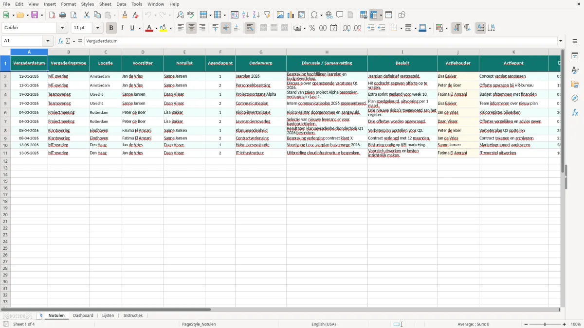 Captura de tela 1: Aba Notulen - Planilha Excel notulen voorbeeld excel