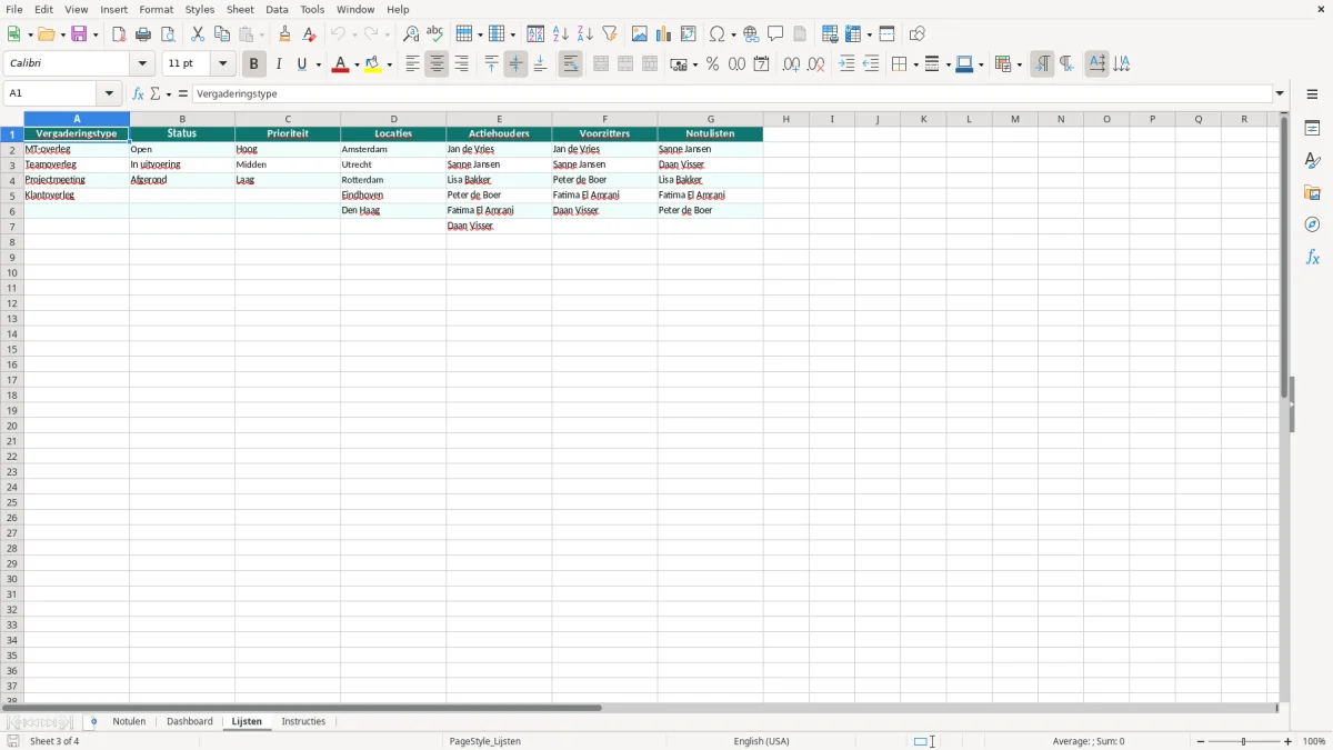 Captura de tela 3: Aba Lijsten - Planilha Excel notulen voorbeeld excel