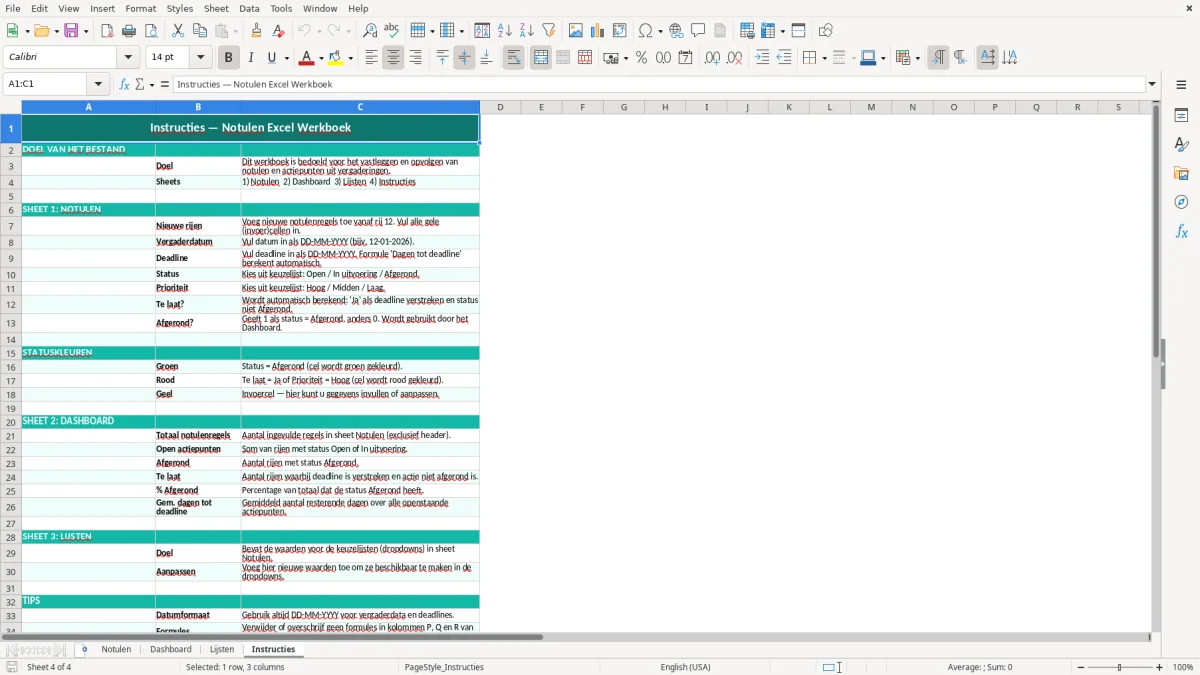 Captura de tela 4: Aba Instructies - Planilha Excel notulen voorbeeld excel