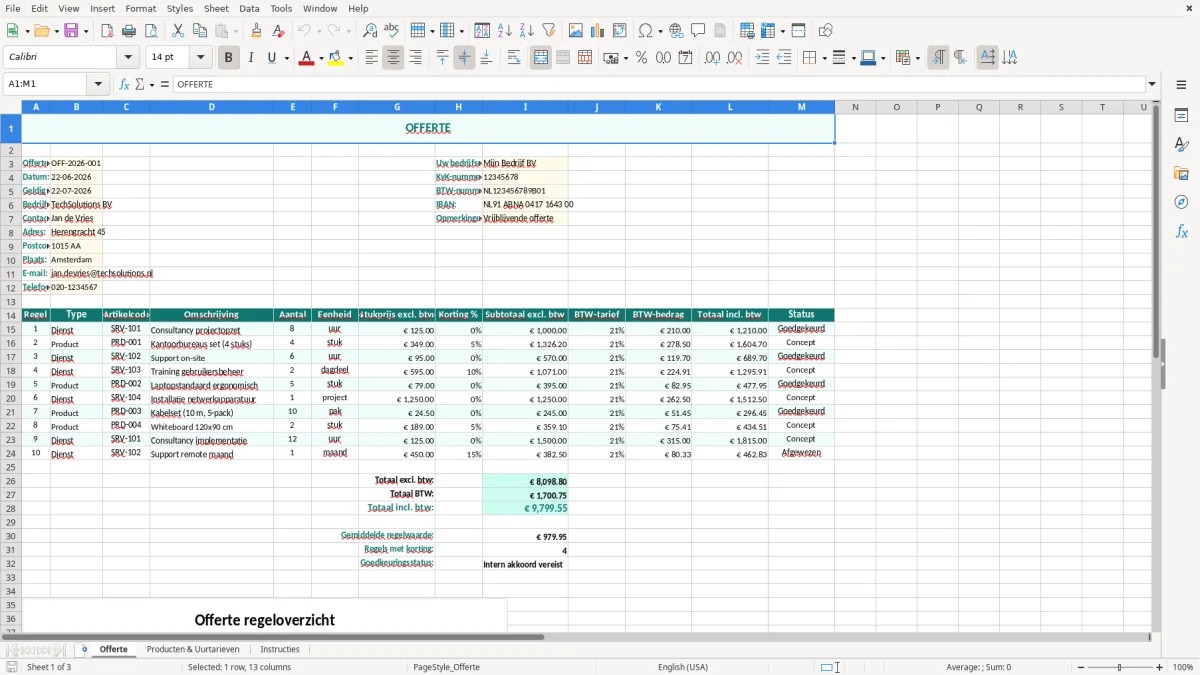 Captura de tela 1: Aba Offerte - Planilha Excel offerte excel sjabloon gratis bedrijf