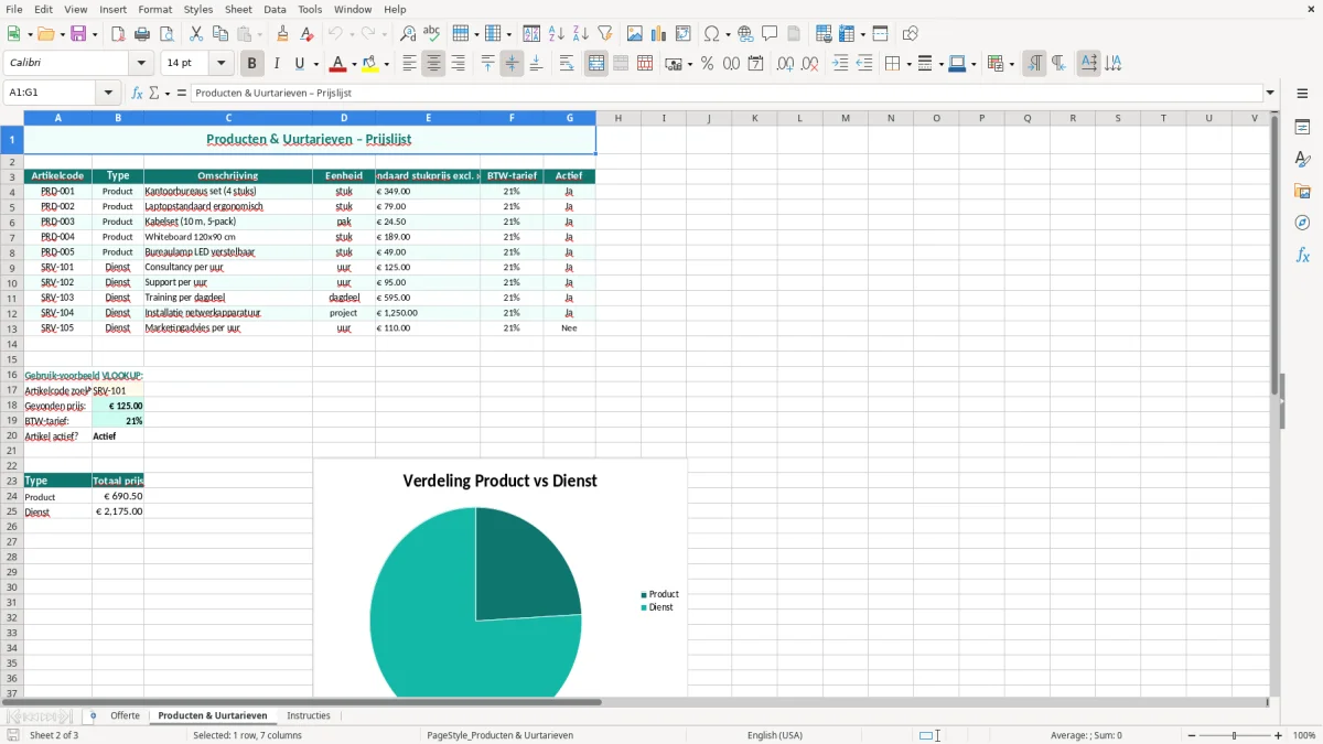 Captura de tela 2: Aba Producten & Uurtarieven - Planilha Excel offerte excel sjabloon gratis bedrijf