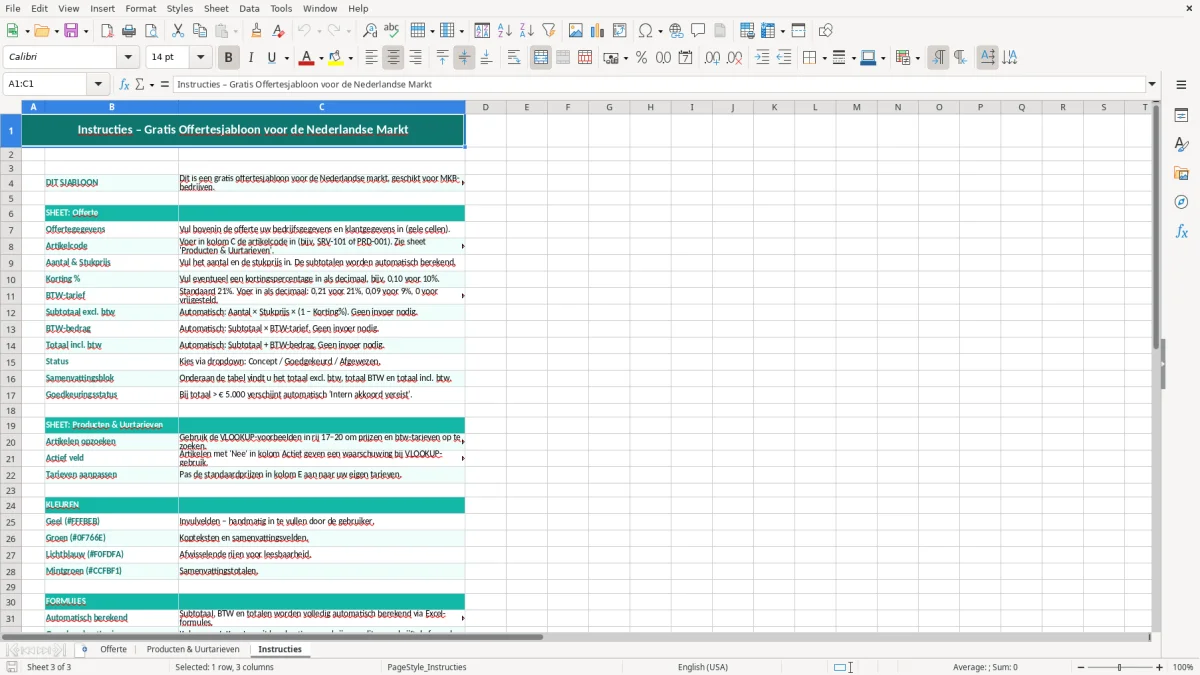 Captura de tela 3: Aba Instructies - Planilha Excel offerte excel sjabloon gratis bedrijf