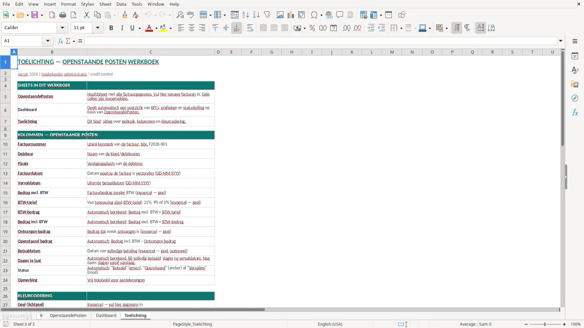 Captura de tela 3: Aba Toelichting - Planilha Excel openstaande posten voorbeeld excel