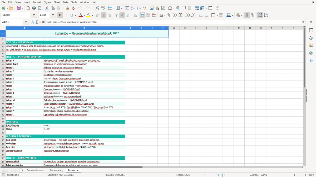Captura de tela 3: Aba Instructie - Planilha Excel personeelskosten voorbeeld excel