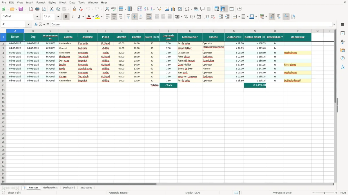 Captura de tela 1: Aba Rooster - Planilha Excel ploegenrooster voorbeeld excel