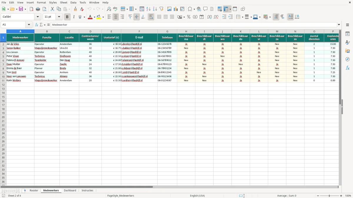 Captura de tela 2: Aba Medewerkers - Planilha Excel ploegenrooster voorbeeld excel