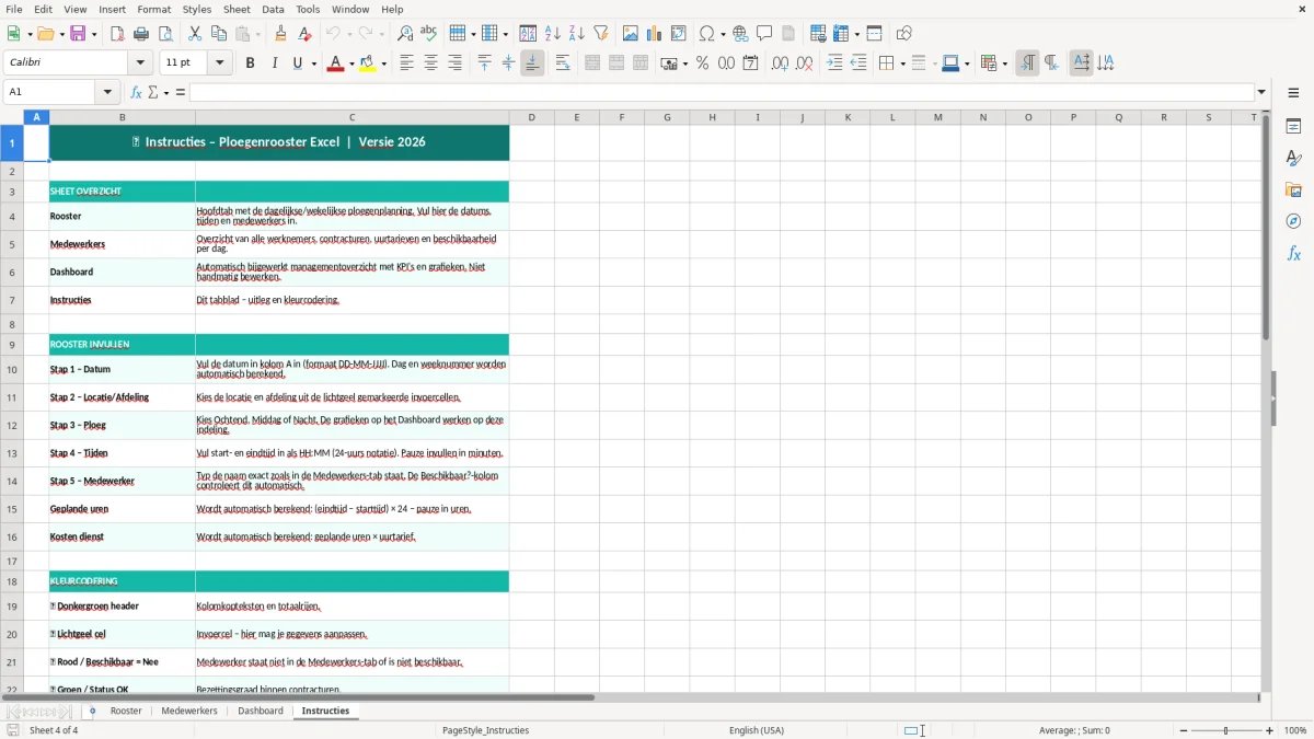 Captura de tela 4: Aba Instructies - Planilha Excel ploegenrooster voorbeeld excel